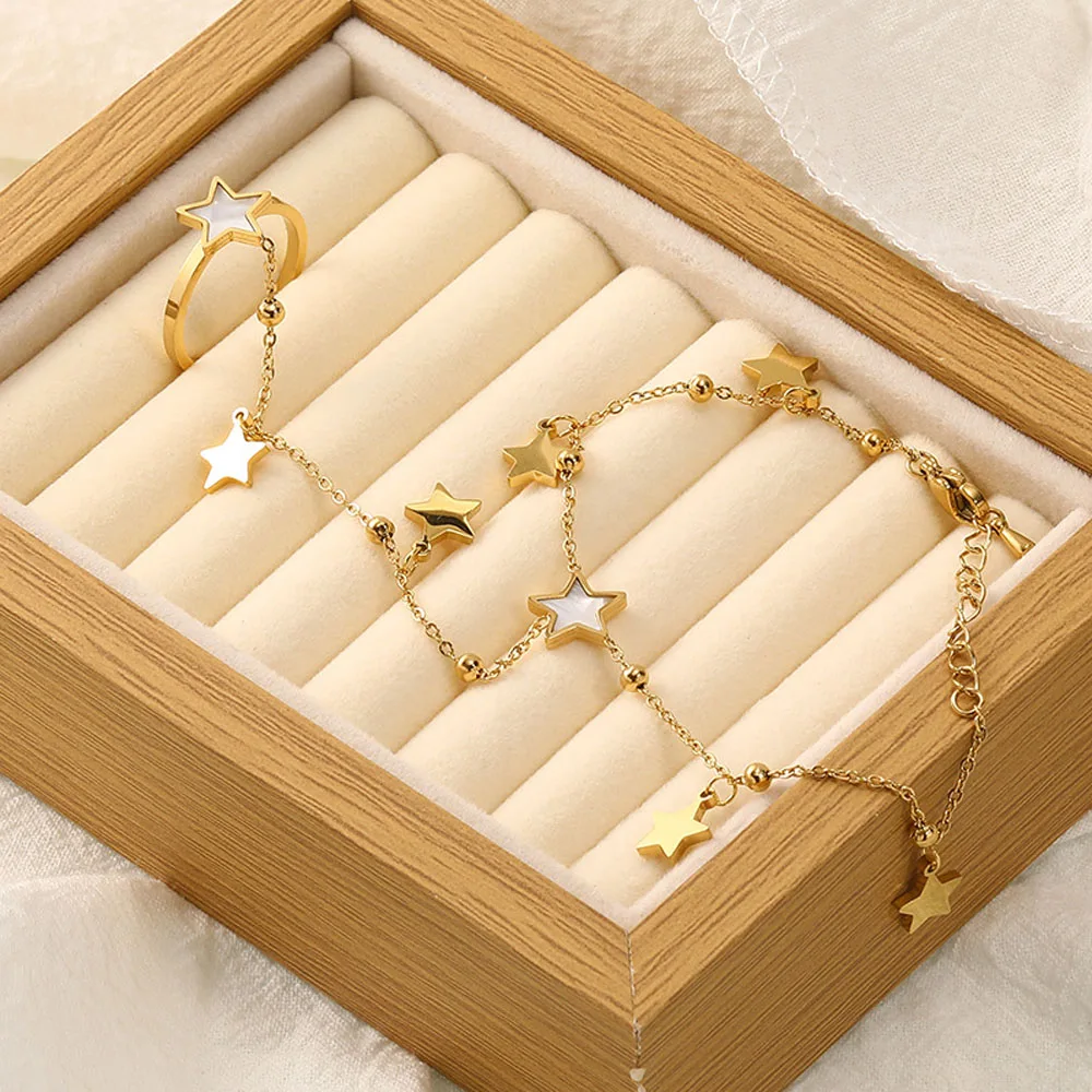 Stainless Steel White Shell 5 Star Linked Finger Ring Bracelet for Women Trend Waterproof Hand Back Chain Jewelry Party Gift