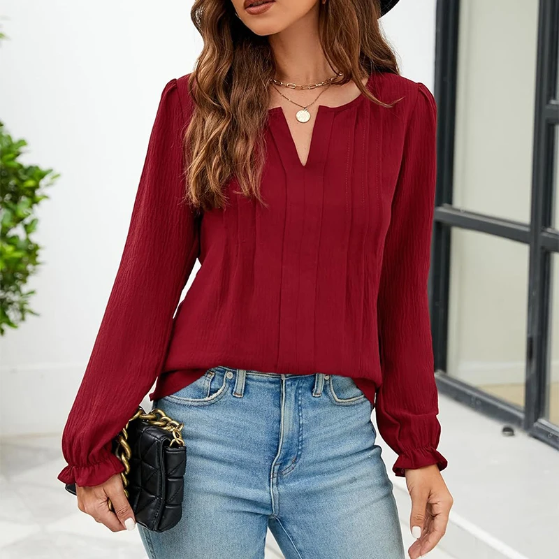 Women Chiffon Blouse V-Neck Long-Sleeve Fashion Solid Color Pullover Shirt Basic Chic Tops Business Office Lady Elegant Clothing