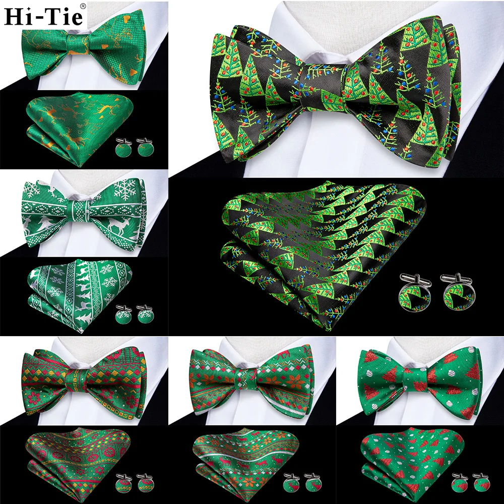 Hi-Tie Jacquard Green Silk Christmas Mens Self Bow Tie Hanky Cufflinks Male Butterfly Knot Xmas Gift Bowtie Wholesale for Male