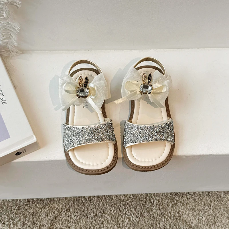 Girls Sequins Princess Sandals Simple Kids Summer Beach Fashion Children Shiny Leather Sandals with Bow-knot 2024 New