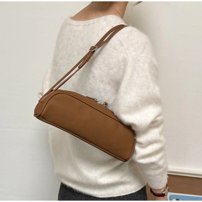 Koreanische Lychee-Textur Schultertasche, Damen Einfarbige Minimalistische Unterarmtasche, Vintage Pendler-Handtasche mit Reißverschluss – Detail 18