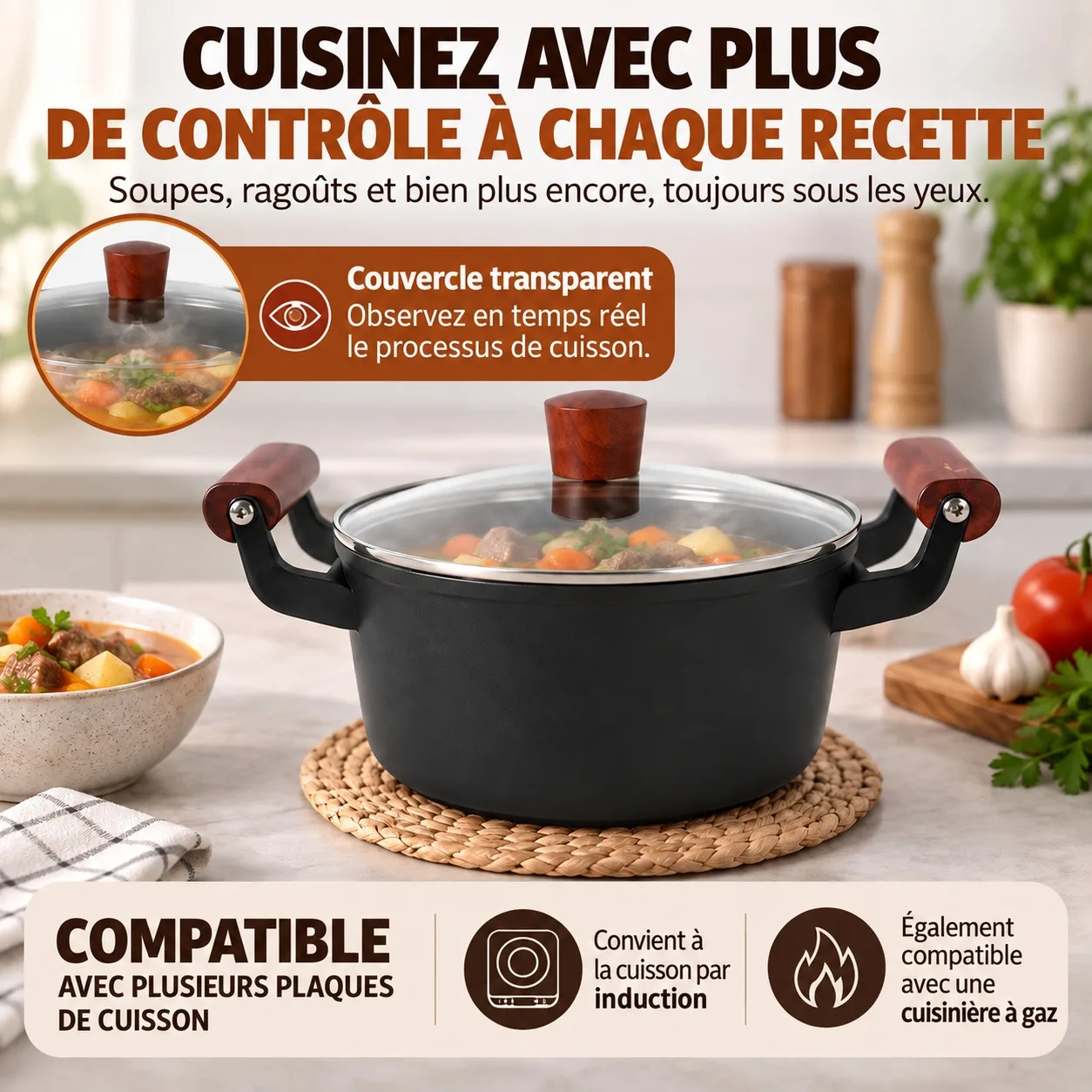 Olla de aluminio forjado para cocinar, de 30x20x11 cm, con tapa de vidrio y asas con efecto madera, olla antiadherente para sopas y guisos, compatible con cocinas de inducción y de gas.