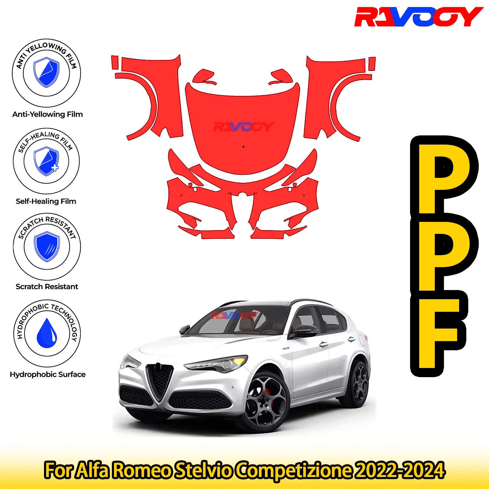 

Для Alfa Romeo Stelvio Competizione 2022-2024 глянцевый матовый черный предварительно вырезанный передний комплект PPF, защитная пленка для краски