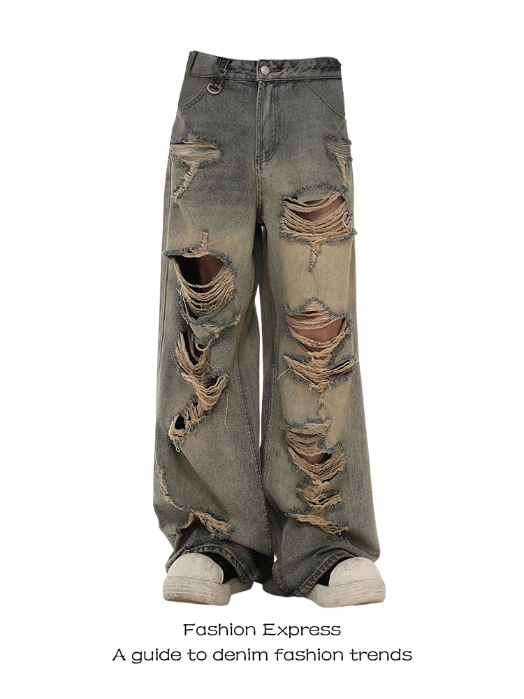 

Washed out Apocalyptic Style Women's Jeans High Waist Wide Leg Pants Faded And Hole Design Autumn Season Deep Color Long Trou...