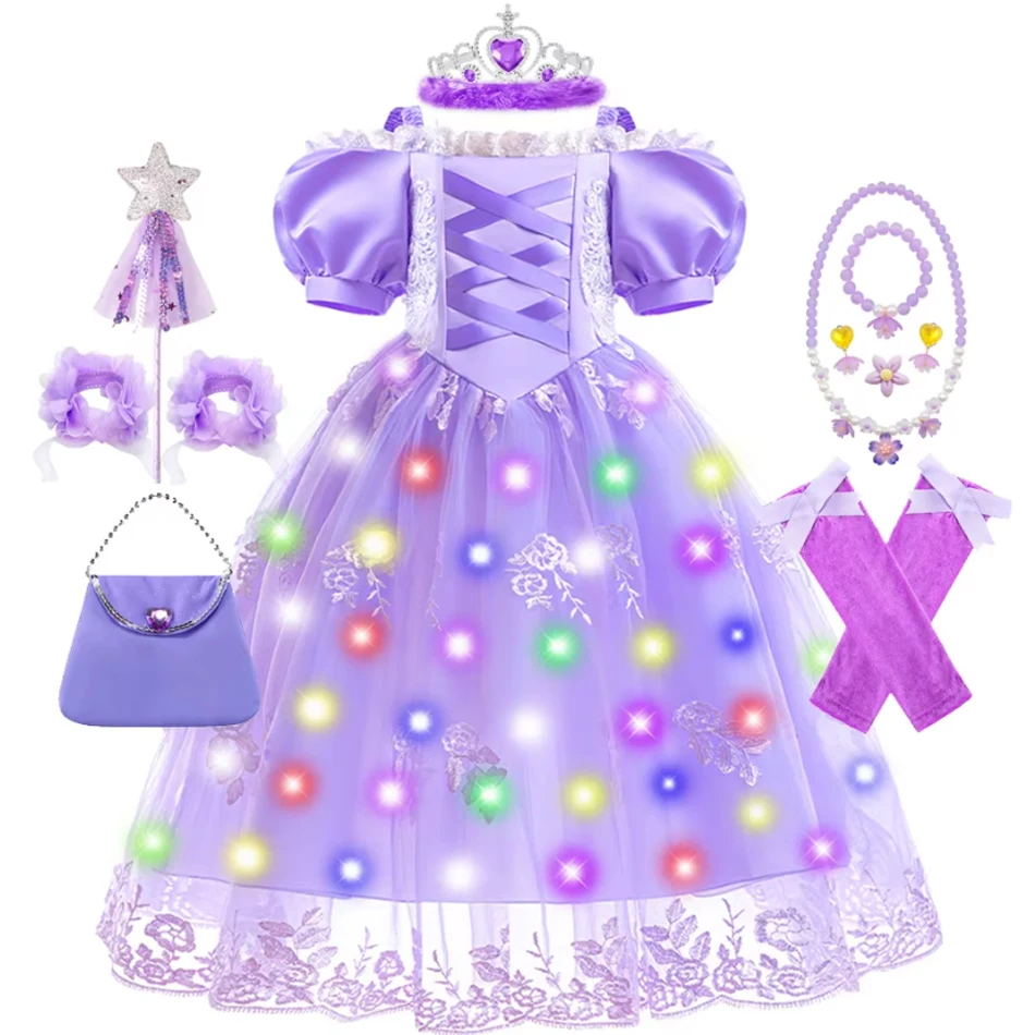 Disney Princess Tangled Cosplay Costume para meninas, Rapunzel, Filme, Crianças, Festa de Carnaval, Aniversário, Vestido de Natal, Luz LED