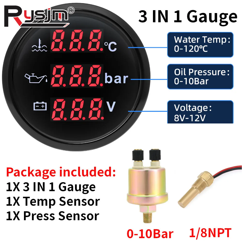 52mm Boat Car 3 in 1 Gauge Digital Water Temp Oil Pressure Voltmeter With Sensor NPT1/8 Oil Press Temperature Sensors 12V/24V