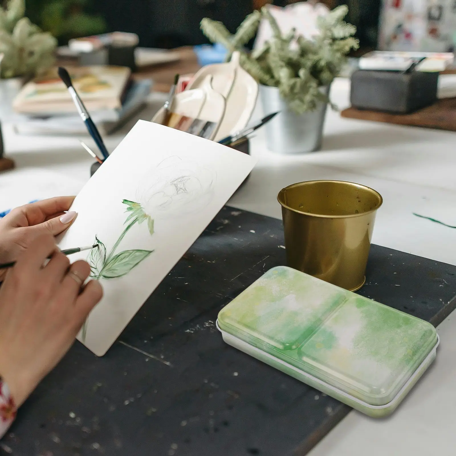 กล่องดีบุกสี Palette ถาดเดินทางสีน้ําเหล็ก Airbrush Art ภาพวาดกล่อง