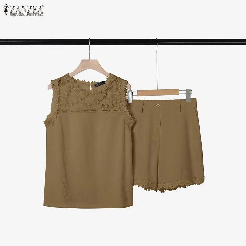 ZANZEA femmes été ensembles courts mode 2 pièces Vintage décontracté ample 2 pièces tenues 2026 sans manches dentelle débardeurs et Shorts ensembles