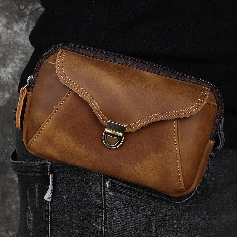 Vintage design Men's Waist Pack Crazy Horse Leather Hook Fanny Waist Belt Pouch Male Cigarette Case Phone Pouch Bum Bag