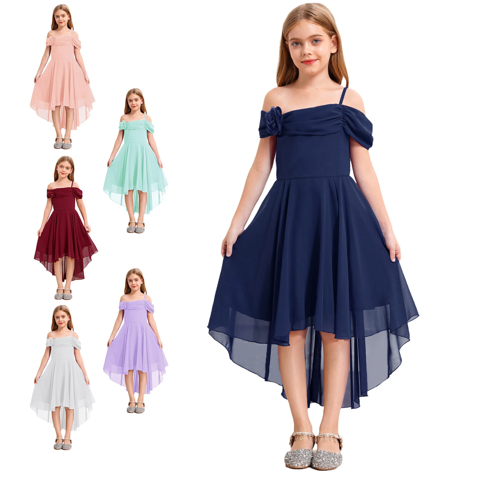 Abito da compleanno per ragazze in chiffon con spalle scoperte, volant, vita alta, orlo irregolare, abito al ginocchio con fiore finto staccabile