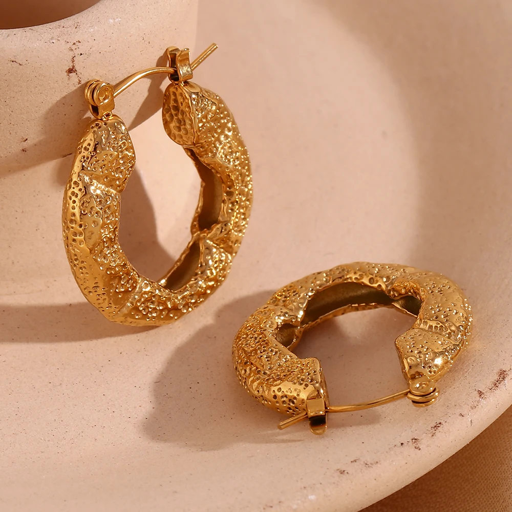 Pendientes de aro de acero inoxidable para mujer, aretes planos de superficie Irregular, Color dorado y plateado, joyería Popular, 2023