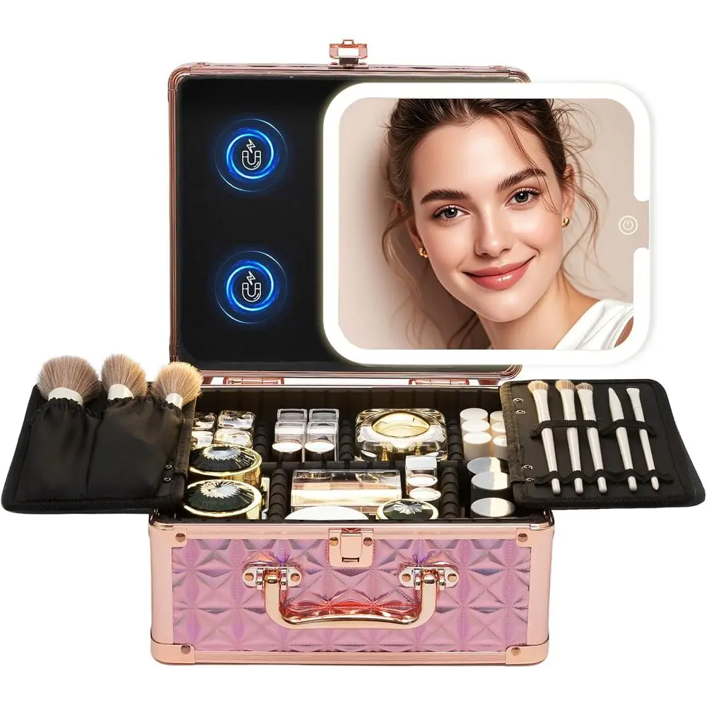 

Кейс для косметики с отсоединяемым зеркалом с подсветкой – дорожный кейс, органайзер для хранения косметики и чемоданчик для макияжа с регулируемыми секциями