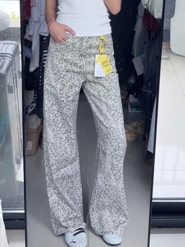대형 사이즈 아메리칸 슬레 웨드 레오파드 프린트 청바지 여성용 가을 겨울 루즈 스트레이트 레깅스 레트로 슬리밍 팬츠