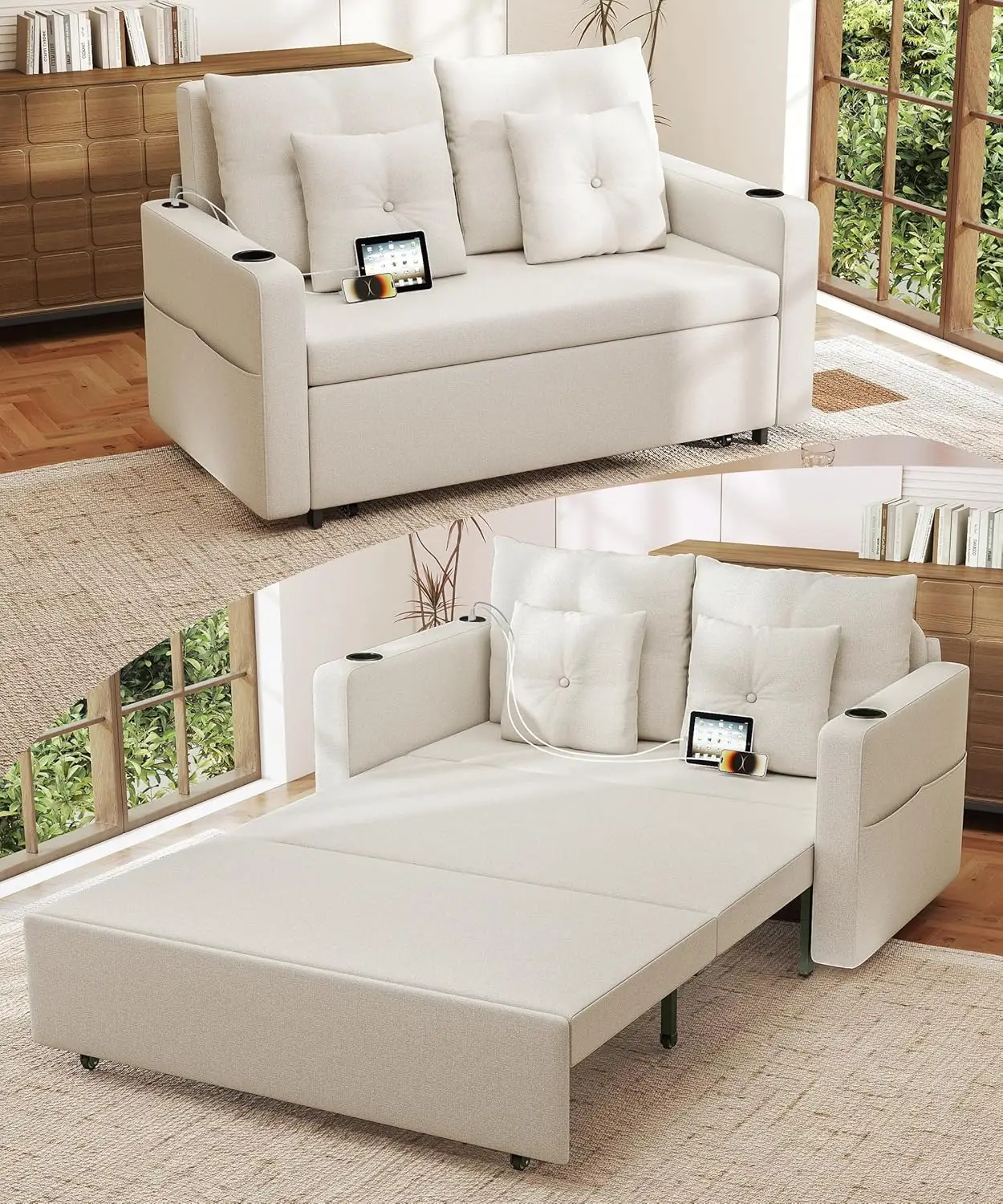 

3 in 1 Pull Out Couch, 56 I h Convertible Sleeper Sofa Bed, Loveseat with Cup Holders, Storage Pockets, USB, Sofa Couch