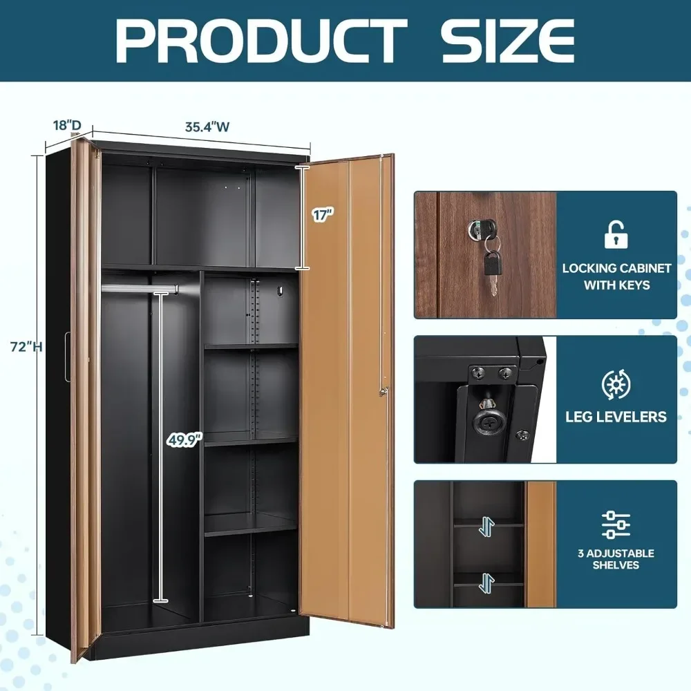 Metal Wardrobe Cabinet with Locking Doors, Metal Storage Armoire Closet for Clothing, 2 Door Woodgrain with Adjustable Shelves