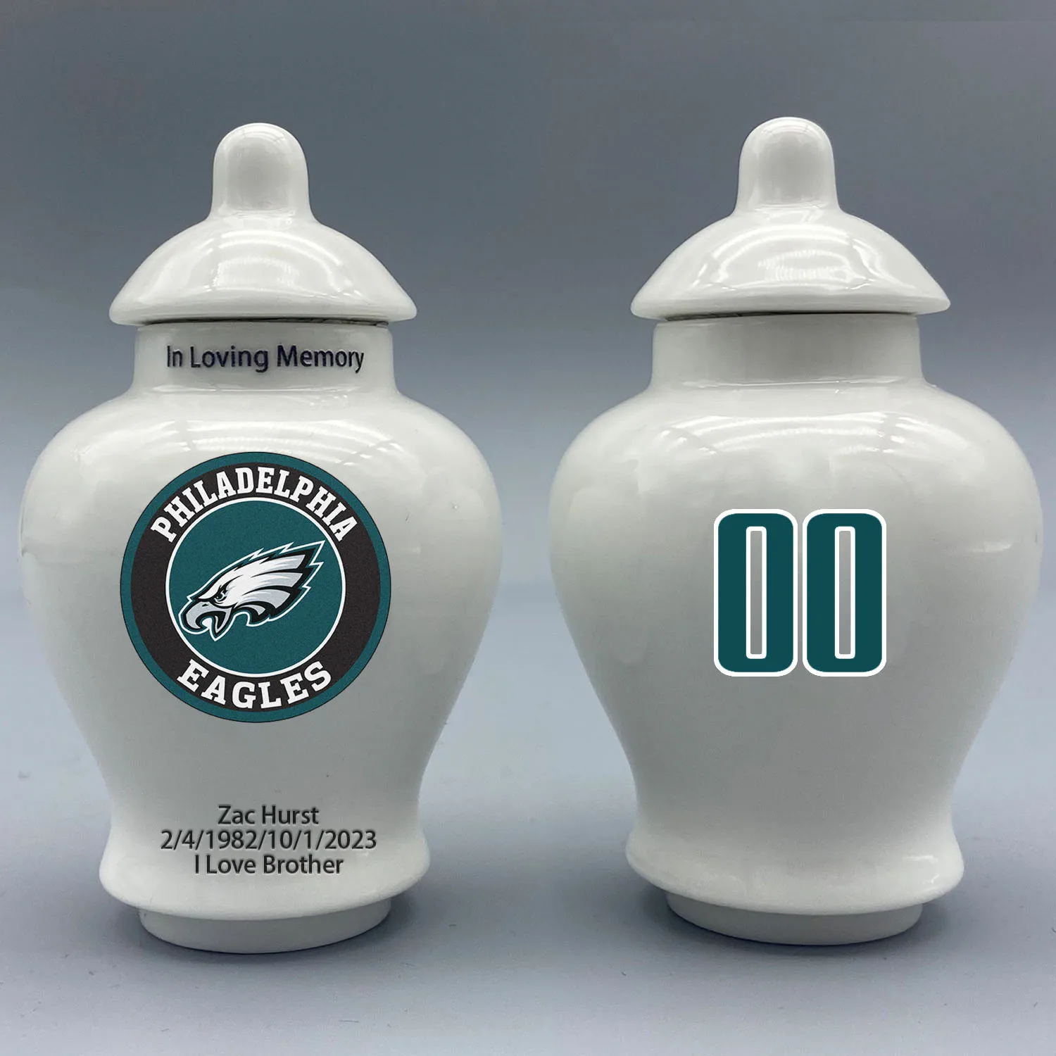 Mini Urn for Philadelphia Eagles-themed Logo Urn.Please send me the customization information - name/date and number on the urn