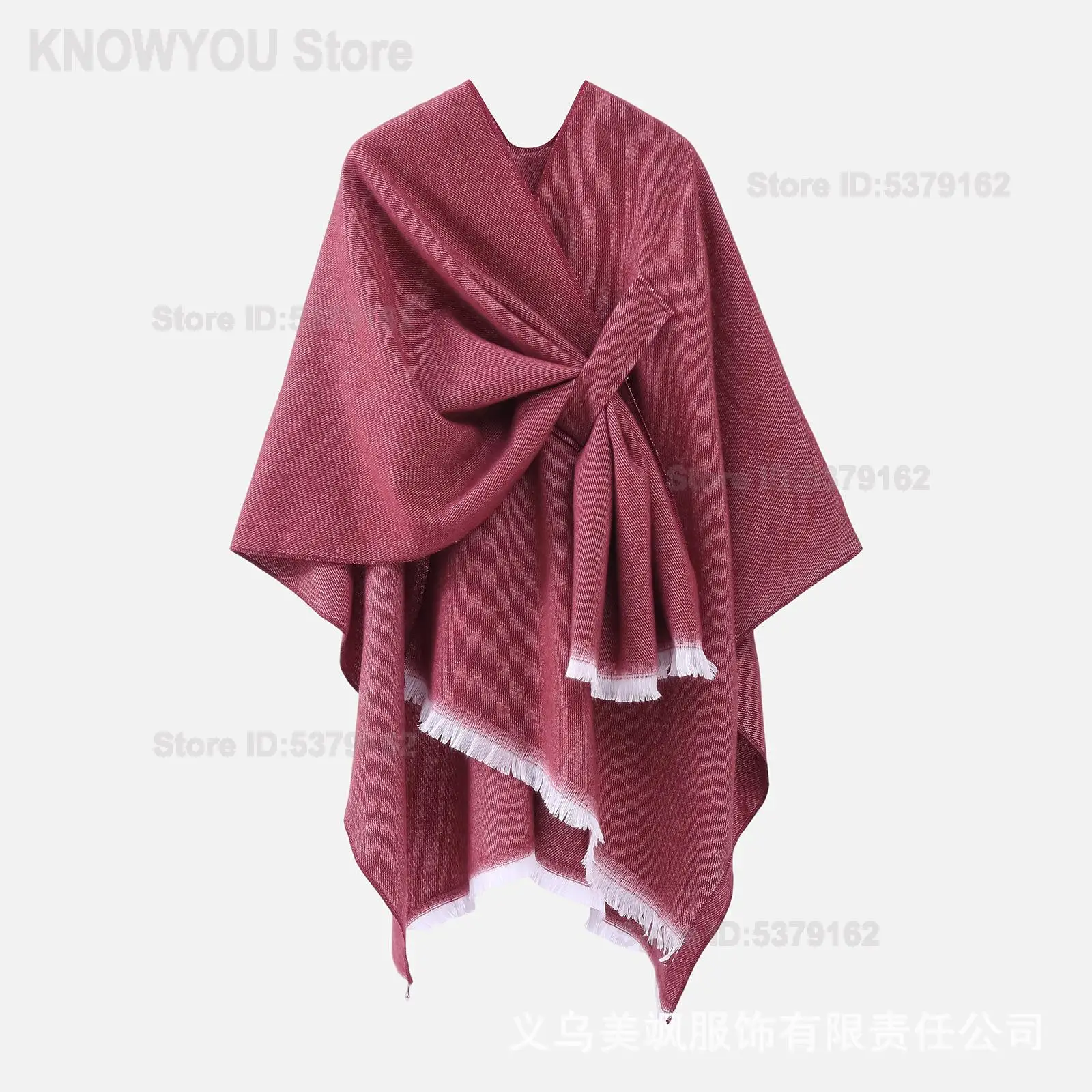 Women Maillard Tone Tie Shawl Tassel Split Cloak Warm Outer Wrap for Grassland Western Sichuan Travel Photo Stylish Daily Cape