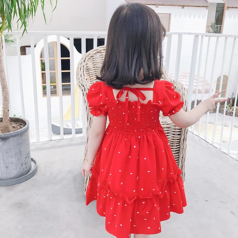 Summer 2024 Girls\' Fashion Baita Red Sweet Print Irregular White Dot Short sleeved Skirt/Chiffon Dress 1-6 Years Old