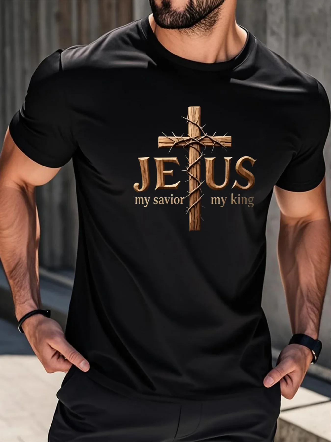 Trendy Men's Cross Faith Print Crew Neck T-shirt Summer Outdoor Breathable Short Sleeve Tops Believer Daily Casual Tees