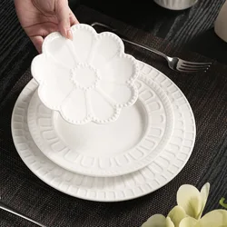 Nordic Embossed Plate Flower-shaped Ceramic Plate Household Shallow Dining Table Utensils Ceramic Cake Tray Dessert Tray
