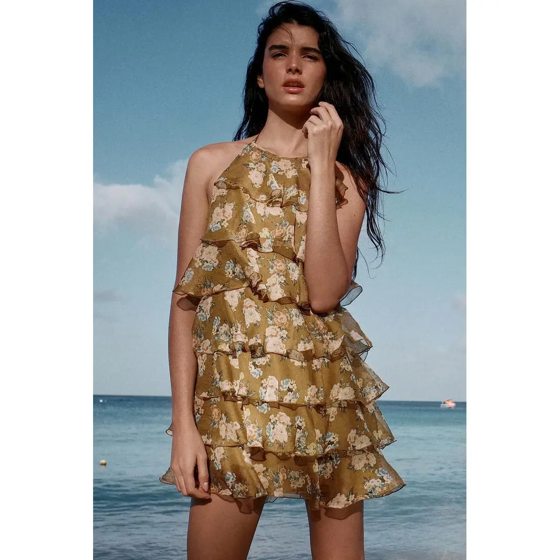 Fashionable Layered Decorated Floral Dress High Waist Cake Skirt Style Off-Shoulder Sleeveless Loose Fit Casual Dress