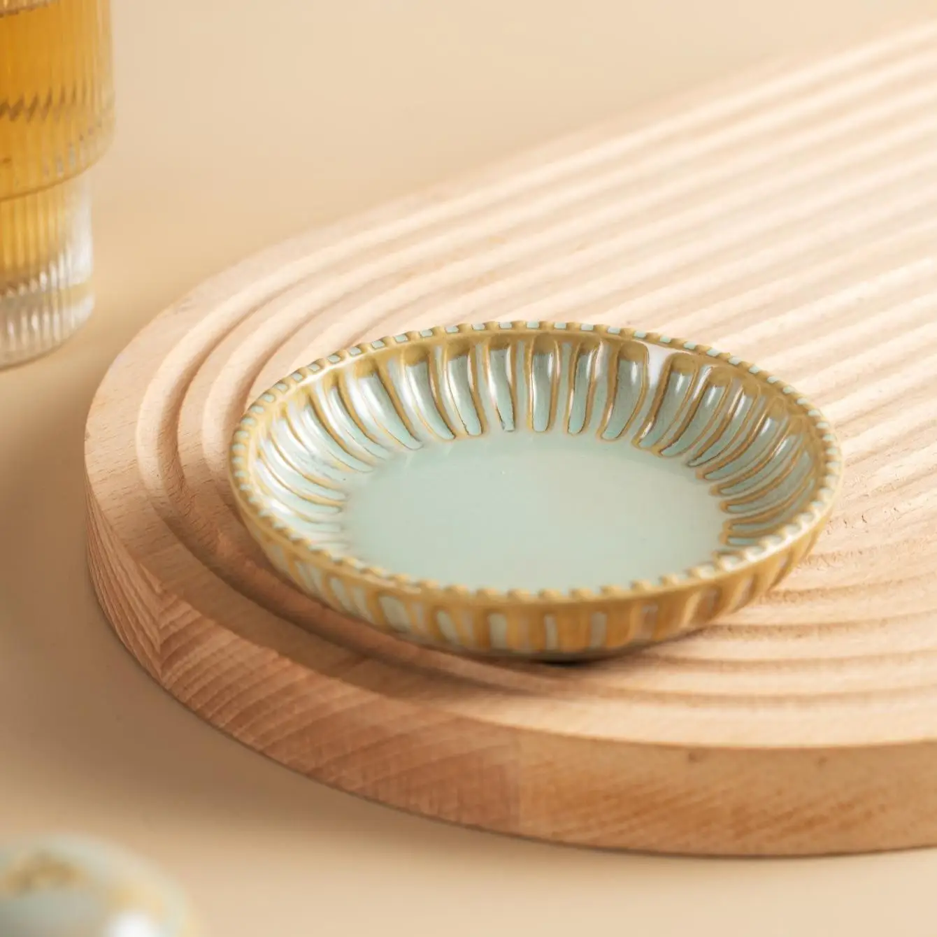 DSA green striped simple and elegant kiln-changed ceramic dipping plate, modern round ceramic seasoning snack plate