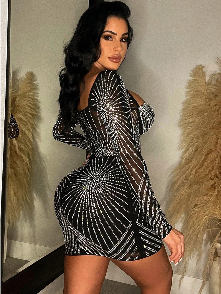 Beyprern Luxury Geometric Black Rhinestone Short Party Dresses Robe Femme Women Elegant Sequin Bodycon Night Dress Sexy Clubwear