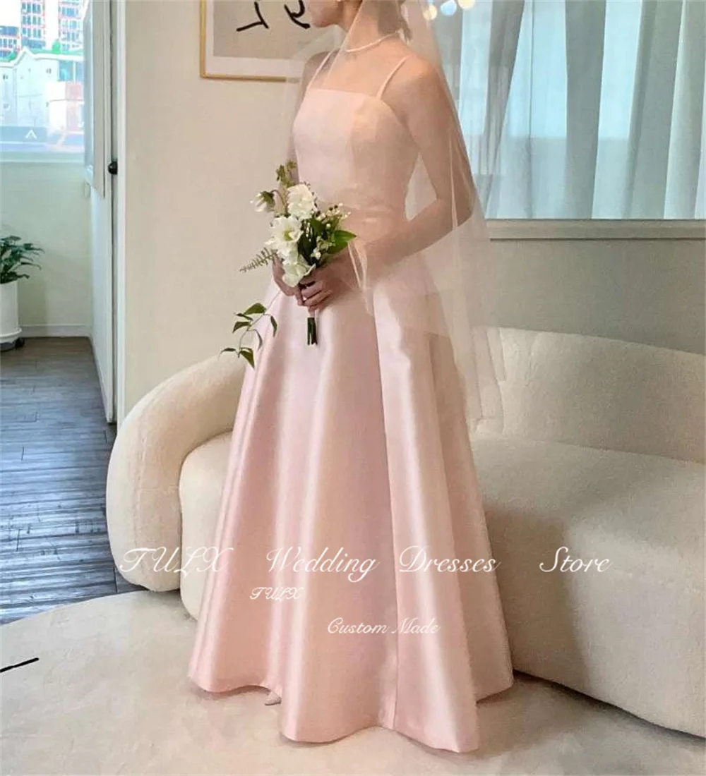 TULX Korea Women Fairy Pink Spaghetti Strap Wedding Dress Satin A-line Long Bridal Gown Corset Back 2025 Plus Custom Made 웨딩드레스