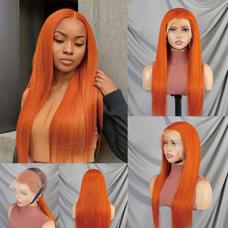 350# Colored Ginger Orange Lace Front Wigs Human Hair 200% Density Straight 13x4 Clear Lace Pre Plucked Lace Frontal Wigs