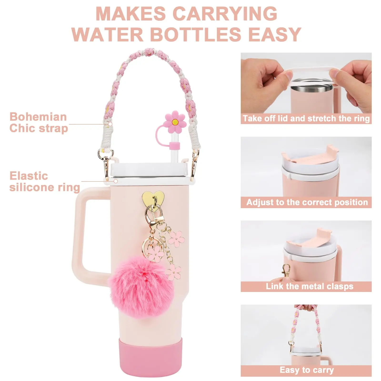 Compatible with Stanley Cup Accessories Set Including Water Bottle Handle Strap, Siliocne Cup Boot, Siliocne Straw Cover