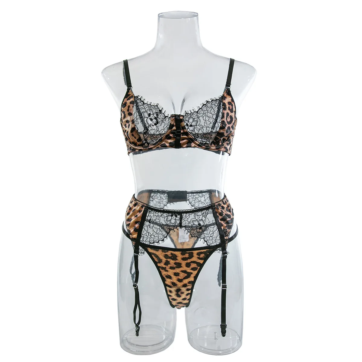 Sexy Wild Leopard Printed Lace Patchwork Lingerie Set Women Comfortable Three Piece Bra and Panty Set Female Exotic Apparel Suit