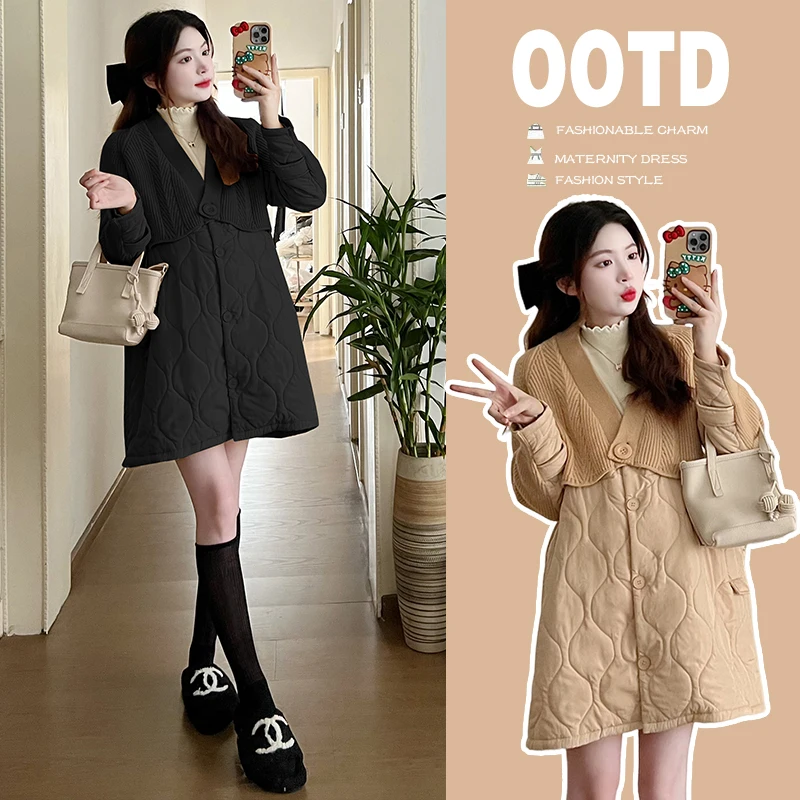 Korean Style Winter Maternity Clothes Long Sleeve V-neck Button Fly Faux Two Pieces Long Jacket for Pregnant Woman Cotton Coats