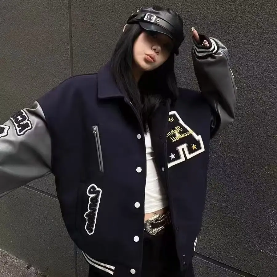 

American Sle Autumn Winter Jaet Heavy Letter Towel Embroidery Floing Couple Outerwear Loose Trendy High Street Baseball...