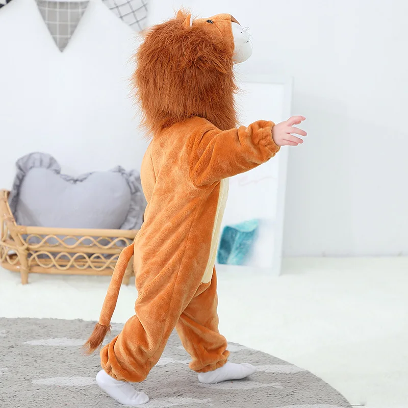 Umorden Animal King Lion Costume for Baby Boys Infant Toddler Hooded Romper Jumpsuit Flannel Furry Halloween Purim Fancy Dress