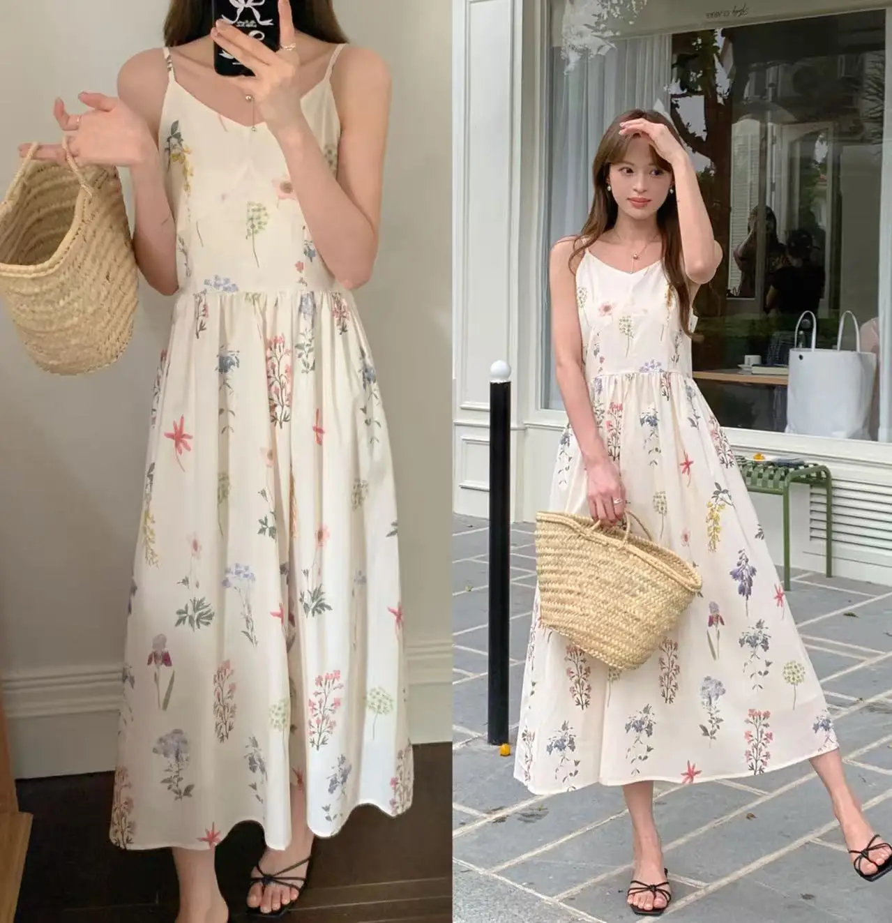 Vestido chalecos sin mangas con cuello en V para mujer, vestido con estampado Floral de flores, moda francesa, vestidos de mujer con volantes (hf3032)