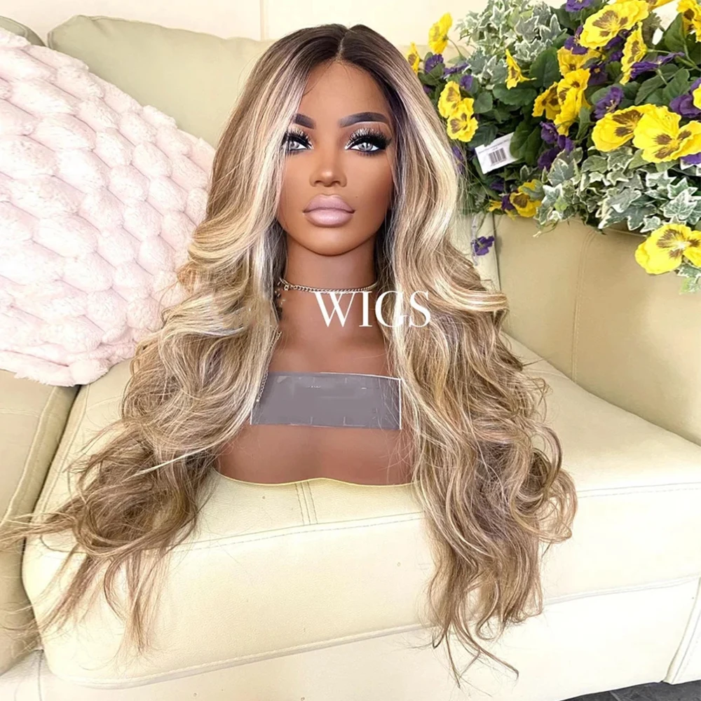 

Long Wavy Lace Front Wig Honey Ash Blonde Highlight Wigs for Women Melted Dark Roots Wear and Go Heat Safe Synthetic Fiber