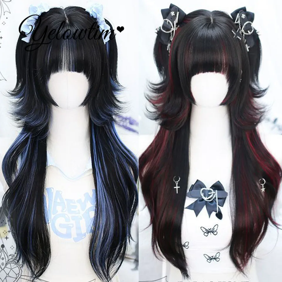 synthesis Long Ombre Colorful Synthetic Cosplay Lolita Harajuku Wig With Bangs Natural Wavy Wigs Black Pick bule Daily Wigs