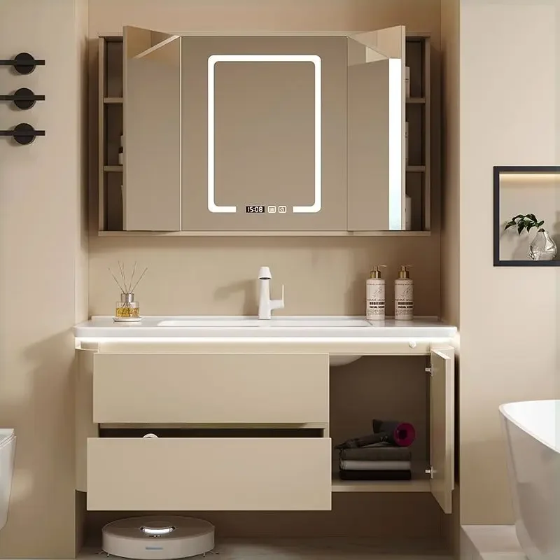 

Nordic Cream Style Bathroom Cabinet Wall-mounted Modern Luxury Design Mirror Vanity Bathroom Furniture Мебель Для Ванной FYBC