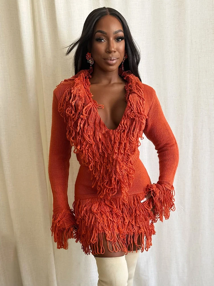Kliou Crochet Furry Tassel Decoration Mini Dress Woman Low-Neck Full Sleeve Skinny High Stretch Hot Girls Street Fashion Bodycon