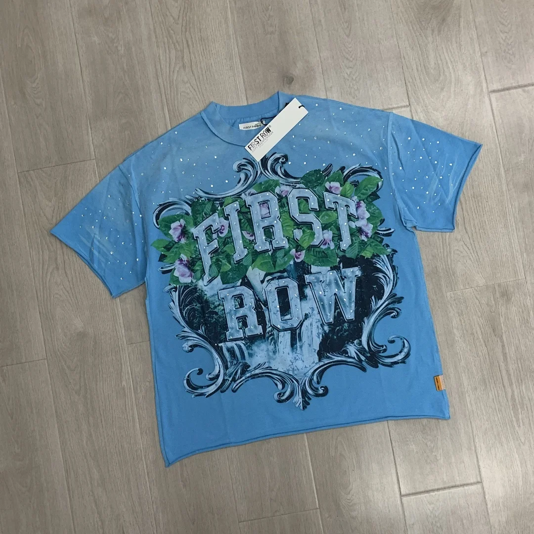 High-quality First Row Street-style Direct-injection Hot-fix Rhinestones Printed Women Men Blue T shirts Washed Oversize T shirt