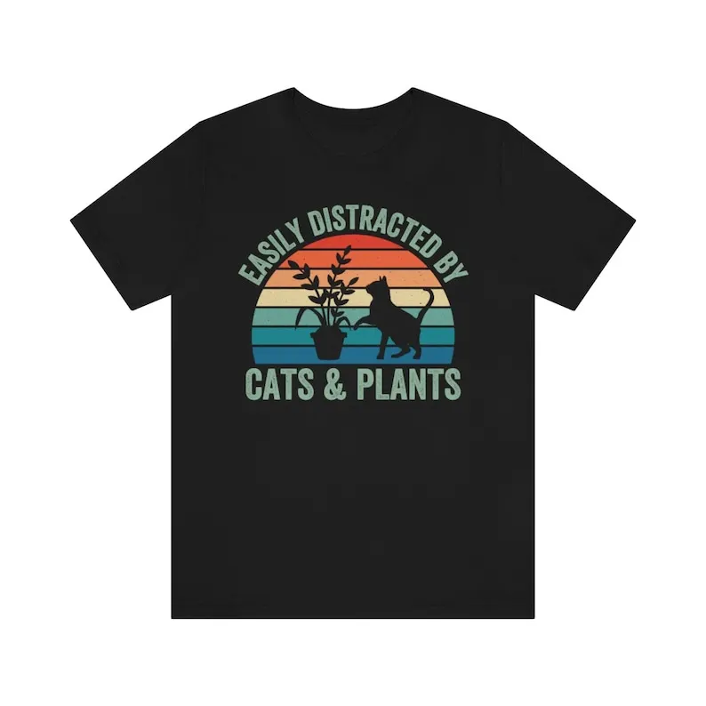 Funny Cat Shirt, Botanical Shirt Plant Lover Gift, Easily Distracted by Cats and Plants Short Sleeve Top Tees 100% Cotton goth