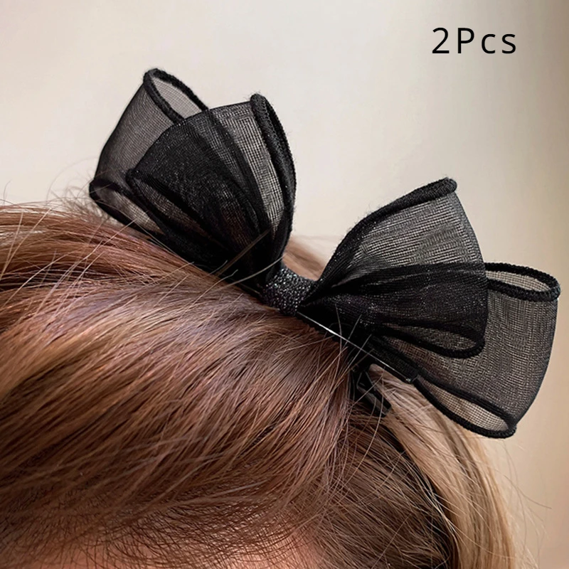 

2pcs/lot Elegant Mesh Bow Hair Clips Sweet Side Bangs Hair Card Temperament Forehead Clip Headdress Duckbill Clips Classic Black