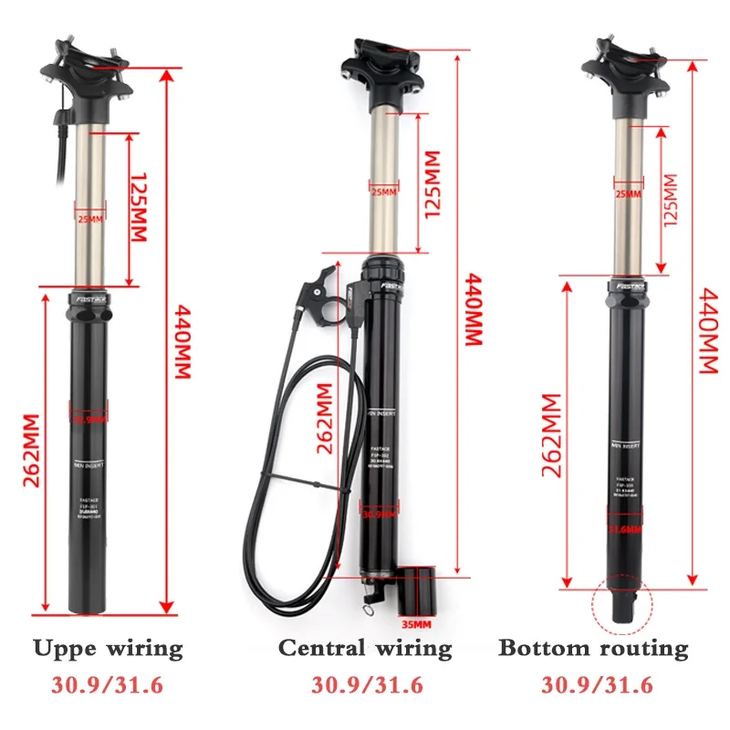 FASTACE Height Adjustable Seatpost 30.9/31.6mm MTB Dropper 440mm Internal Routing External Cable Remote Lever 125mm Travel Seat