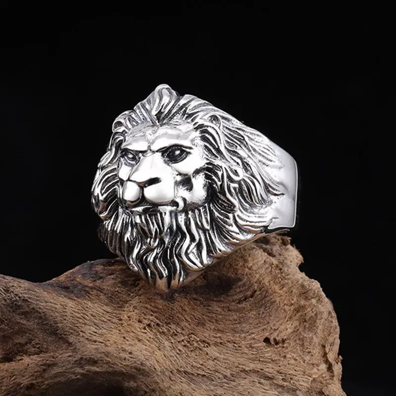 Anello animale in argento di alta qualità Anelli leone da uomo Anelli punk rock in acciaio inossidabile Gioielli da uomo con testa di leone