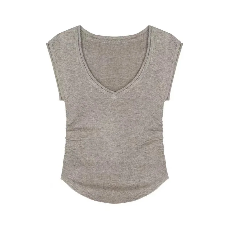 V-neck Short Sleeve T-shirt Women's Summer Elastic Knitted Sweater Inner Set Pure Desire Style Spicy Girl Sexy Slim Tight Top