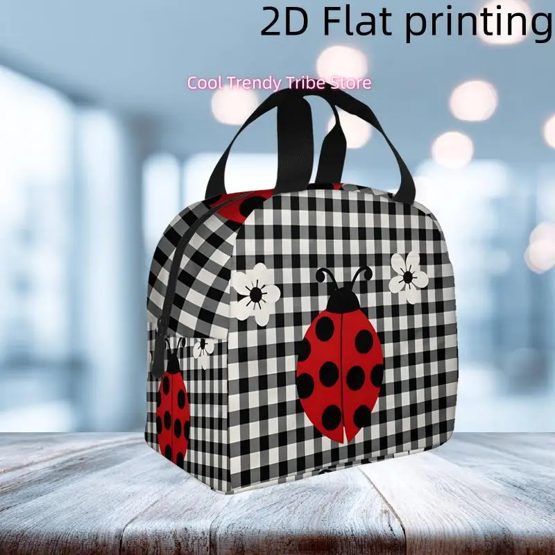 1pc Red Ladybug on Checkered Fabric with Flowers | Printed Insulated Cooler Bag - Reusable Portable Hot Cold Bag for Home Office