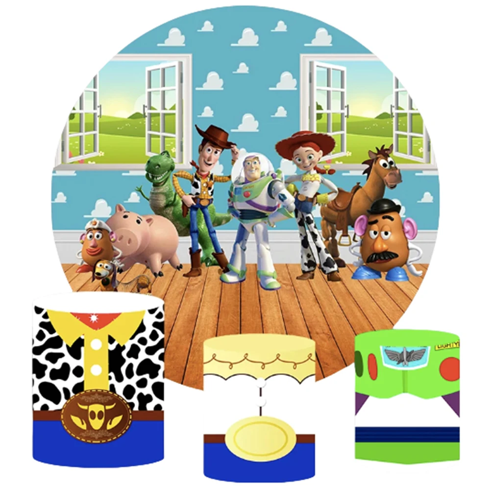 

Toy Story Woody Round Backdrop With 3 Cylinder Covers Background Photography Baby Shower Birthday Party Decoration Dessert Table