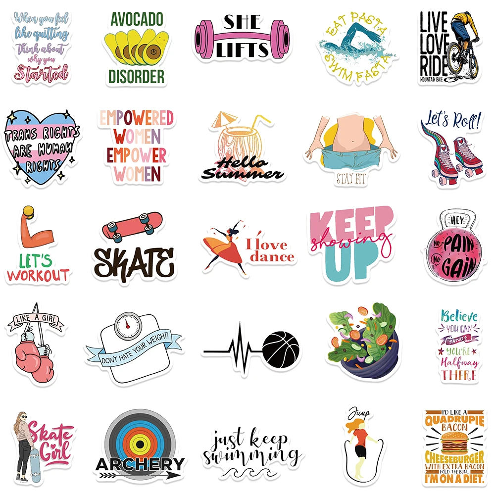 50pcs Weight Loss Exercise Fitness Inspirational Phrases Stickers Aesthetic Decals Laptop Luggage Skateboard Scrapbook Stickers