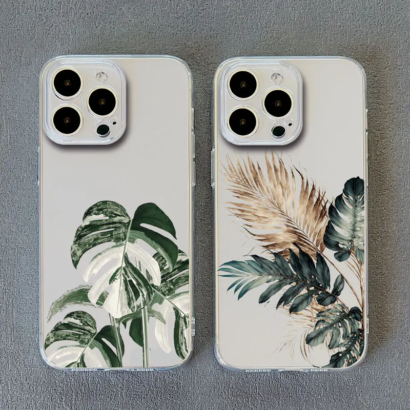 Monstera Leaves Palm Tree Flower Bird Clear Phone Case for iPhone 12 13 11 14 Pro Max Mini 8 7 14 Plus XS XR X Transparent Shell