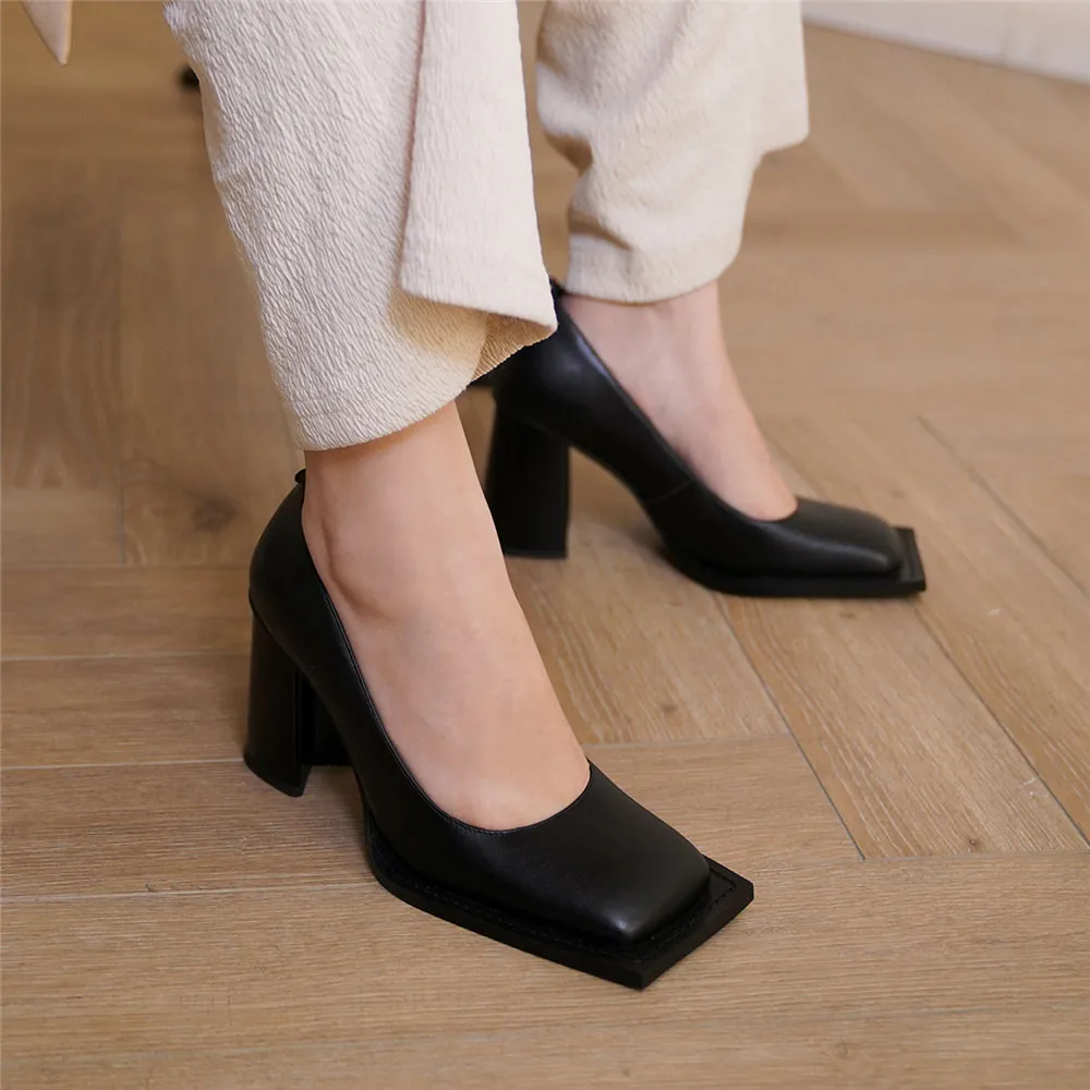 MILI-MIYA Fashion Square Toe Women Cow Leather Pumps Comfortable Thick Heels Slip On Solid Color Plus Size 34-43 Dress Party